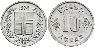 Исландия 10 эйре 1974 KM 10а алюминий UNC 4396-834