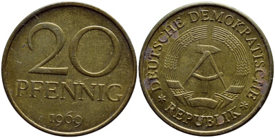 ГДР 20 пфеннигов 1969 А, первый год KM 11 латунь UNC 4397-421