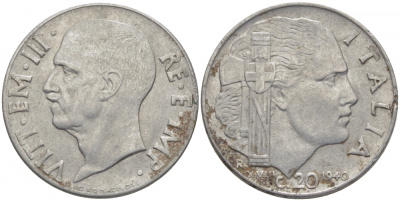 ИТАЛИЯ 20 ЧЕНТЕЗИМО 1940 R, ВИКТОР ИМАНУИЛ KM 75b сталь 4448-234