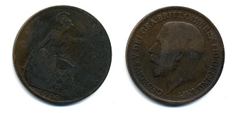 Великобритания 1 пенни 1916 Георг V (1910-1936) КМ 810, Spink 4051 бронза 47-112