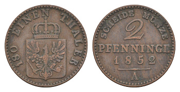 Пруссия 2 пфеннига 1852 A, Фридрих Вильгельм IV (1840-1861) KM 452, Jaeger 51, Olding 336, AKS 91 медь 4651-268