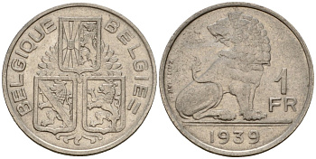 Бельгия 1 франк 1939 Belgie KM 120 никель 55-1136