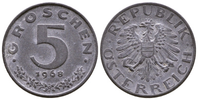 АВСТРИЯ 5 ГРОШЕЙ 1968 КМ 2875 цинк 4379-515