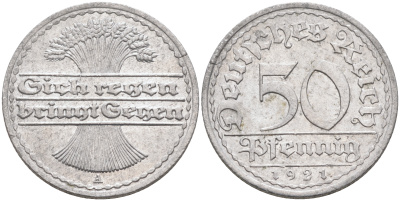 Германия 50 пфеннигов 1921 A KM 27, J.301, Weege 10 алюминий    4589-222