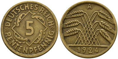 Германия 5 рентенпфеннигов 1924 A KM 32, J. 308 алюминиевая бронза 4189-836