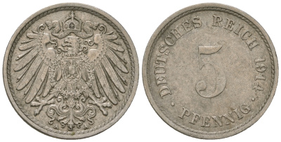 ГДР 5 пфеннигов 1914 A, KM 11, J. 12 медно-никель 3458-1126