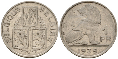 Бельгия 1 франк 1939 Belgie KM 120 никель 55-1136