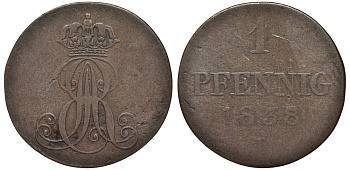 Ганновер 1 пфенниг 1838 B, Эрнст Август (1837-1851) KM 173.2, AKS 127, J. 54 медь 75-839