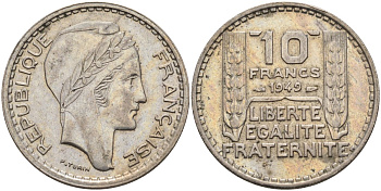 Франция 10 франков 1949 тип Пьер Турин KM 909.1, Le Franc 362.6 медно-никель 4116-1212