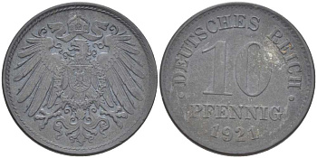 ГЕРМАНИЯ 10 ПФЕННИГОВ 1921 (1917-1922) KM 26, J. 299, Weege 8 цинк 210-252