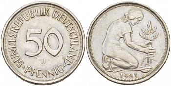 ФРГ 50 ПФЕННИГОВ 1981 J KM 109.2 медно-никель 4392-927
