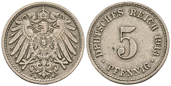 Германия 5 пфеннигов 1913 A, KM 11, J. 12 медно-никель 220-657
