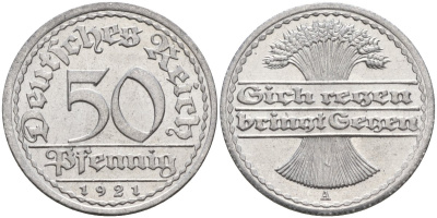 Германия 50 пфеннигов 1921 A KM 27, J.301, Weege 10 алюминий UNC 4584-823