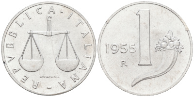 Италия 1 лира 1955 R, весы KM 91 алюминий  UNC  4594-659