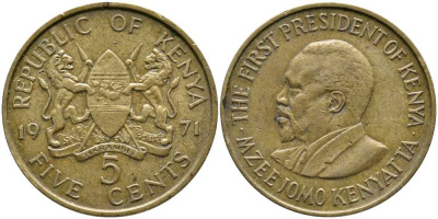 Кения 5 центов 1971 Джомо Кениата KM 10 никель латунь 110-623