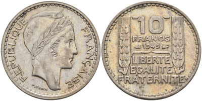 Франция 10 франков 1949 тип Пьер Турин KM 909.1, Le Franc 362.6 медно-никель 4116-1212