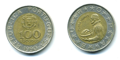 Португалия 100 эскудо 1990 Педру Нуниш (1502-1578), математик KM 645.1 биметалл 25-335