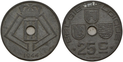 Бельгия 25 сантимов 1944 Belgie - Belgique, Леопольд III (1934-1947), германская оккупация, Вторая мировая война KM 132 цинк 4157-623