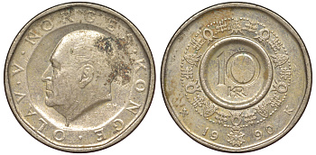 Норвегия 10 крон 1990 Улаф V (1957-1991) KM 427 медь цинк никель 25-2327