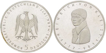 ФРГ 5 МАРОК 1977 G, 200 ЛЕТ СО ДНЯ РОЖДЕНИЯ ГЕНРИХА фон КЛЕЙСТА KM 146, J. 421 серебро 180-1031