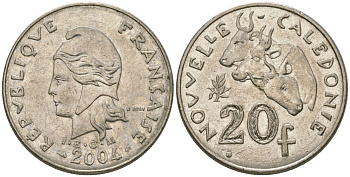 Французская Новая Каледония 20 франков 2004 три быка, (IEOM) KM 12, Schoen 14, Lec 15h никель 4131-714