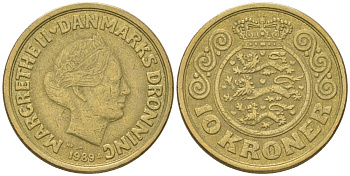 Дания 10 крон 1989 NR, Маргрете II (1972-2024) KM 867 алюминиевая бронза 4616-745