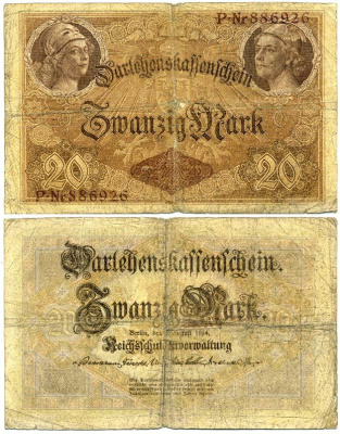 ГЕРМАНИЯ 20 МАРОК 1914 6 ЦИФР В НОМЕРЕ Pick 48а бумага 7547-49-2