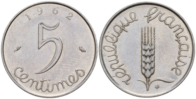 Франция 5 сантимов 1962 пятая республика KM 927, Le Franc 124.4 хромированная сталь 4152-431