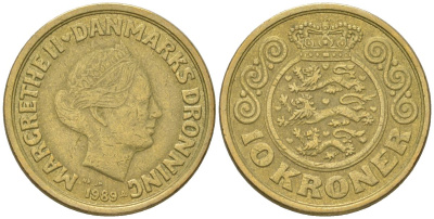 Дания 10 крон 1989 NR, Маргрете II (1972-2024) KM 867 алюминиевая бронза 4616-745