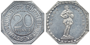 Германия, Нюрнберг - Фюрт 20 пфеннигов ND трамвайный жетон, фонтан с гусями алюминий UNC 4119-713
