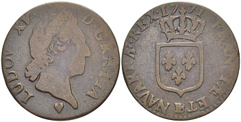 ФРАНЦИЯ 1/2 СУ 1771 &, ЛЮДОВИК XV (1715-1774) KM 541.6 (С6) медь 4393-1123