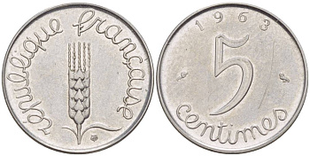 ФРАНЦИЯ 5 САНТИМОВ 1963 KM 927 нержавеющая сталь 4549-244