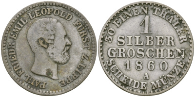 ЛИППЕ-ДЕТМОЛЬД 1 ГРОШ 1860 А, РАУЛЬ ФРИДРИХ ЭМИЛЬ ЛЕОПОЛЬД KM 265 серебро 99-863
