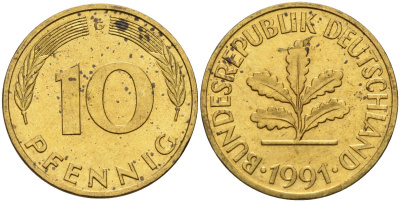 ФРГ 10 пфеннигов 1991 G KM 108, J. 383 сталь плакированная латунью 4175-1114