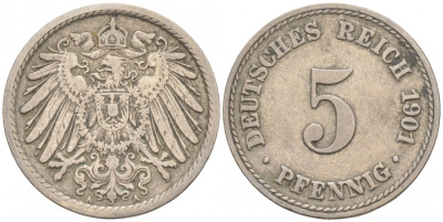 ГЕРМАНИЯ 5 ПФЕННИГОВ 1901 A, KM 11, J. 12 медно-никель 73-662