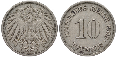 Германия 10 пфеннигов 1900 A KM 12, J. 13 медно-никель 45-1232