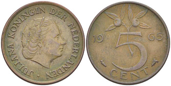 Нидерланды 5 центов 1965 Юлиана (1949-1980) KM 181 бронза 213-1044