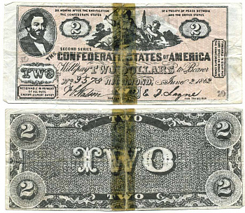 КОНФЕДЕРАТИВНЫЕ ШТАТЫ АМЕРИКИ 2 ДОЛЛАРА 1862 ИМИТАЦИЯ бумага 3295-4-1