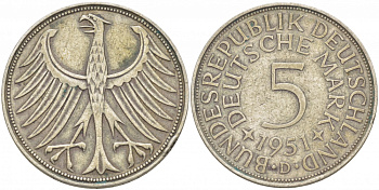 ФРГ 5 МАРОК 1951 D J. 387, KM 112.1 серебро 115-1014