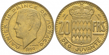Монако 20 франков 1950 Ренье III (1949-2005) KM 131 алюминиевая бронза 4402-644
