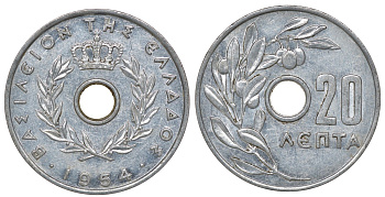 Греция 20 лепта 1954 Павел I (1947-1964), оливковая ветвь KM 79 алюминий 4163-524