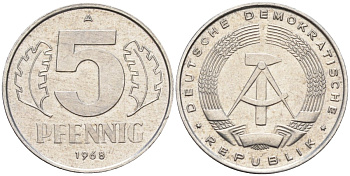 ГДР 5 пфеннигов 1968 A KM 9.1 алюминий 4174-942