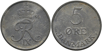 Дания 5 эре 1958 Фредерик IX (1947-1972) KM 843 цинк 4680-1044