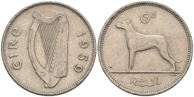 Ирландия 6 пенсов 1959 ирландский волкодав KM 13a медно-никель 4146-446