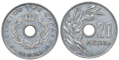 Греция 20 лепта 1954 Павел I (1947-1964), оливковая ветвь KM 79 алюминий 4163-524