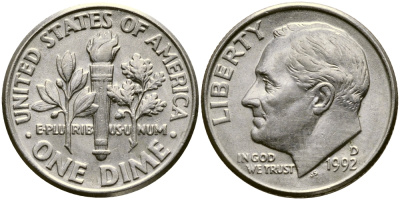 США 10 ЦЕНТОВ = 1 ДАЙМ 1992 D, РУЗВЕЛЬТ KM 195а медь плакированная медно-никелем 46-2053