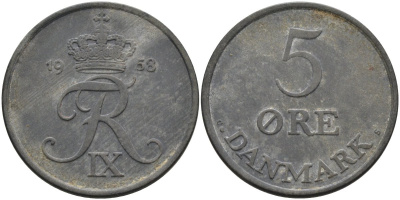Дания 5 эре 1958 Фредерик IX (1947-1972) KM 843 цинк 4680-1044