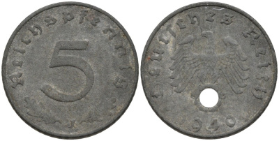 Германия 5 рейхспфеннигов 1940 J, монетный двор Гамбург  KM 100, J. 370 цинк 186-721