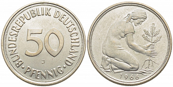 ФРГ 50 ПФЕННИГОВ 1966 J KM 109.1, J. 384 медно-никель UNC 4127-625