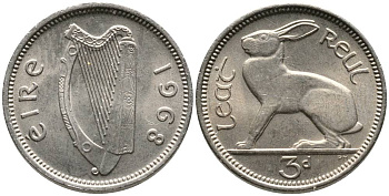 Ирландия 3 пенса 1968 заяц KM 12а медно-никель 4525-1131